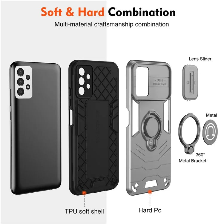 For Samsung Galaxy A13 4G Case PC+TPU Phone Cover with Kickstand and Slide Lens Guard