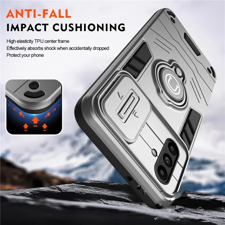 For Samsung Galaxy A14 5G / 4G Case PC+TPU Ring Kickstand Phone Cover with Slide Lens Lid