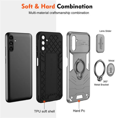 For Samsung Galaxy A14 5G / 4G Case PC+TPU Ring Kickstand Phone Cover with Slide Lens Lid