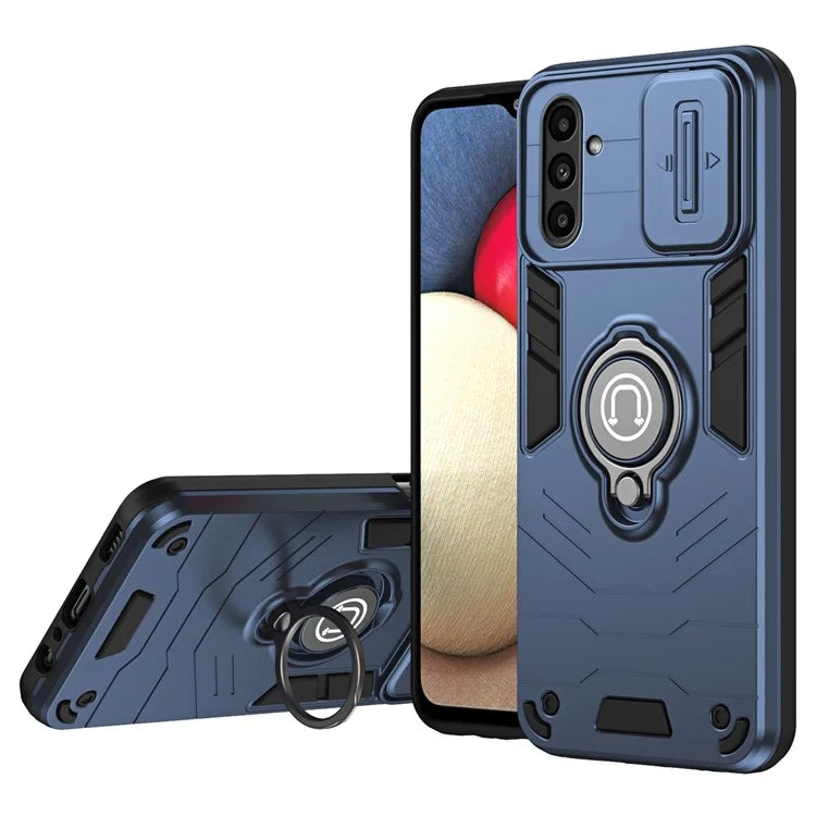For Samsung Galaxy A14 5G / 4G Case PC+TPU Ring Kickstand Phone Cover with Slide Lens Lid