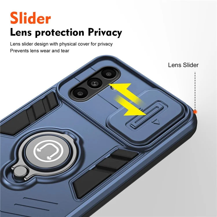 For Samsung Galaxy A14 5G / 4G Case PC+TPU Ring Kickstand Phone Cover with Slide Lens Lid