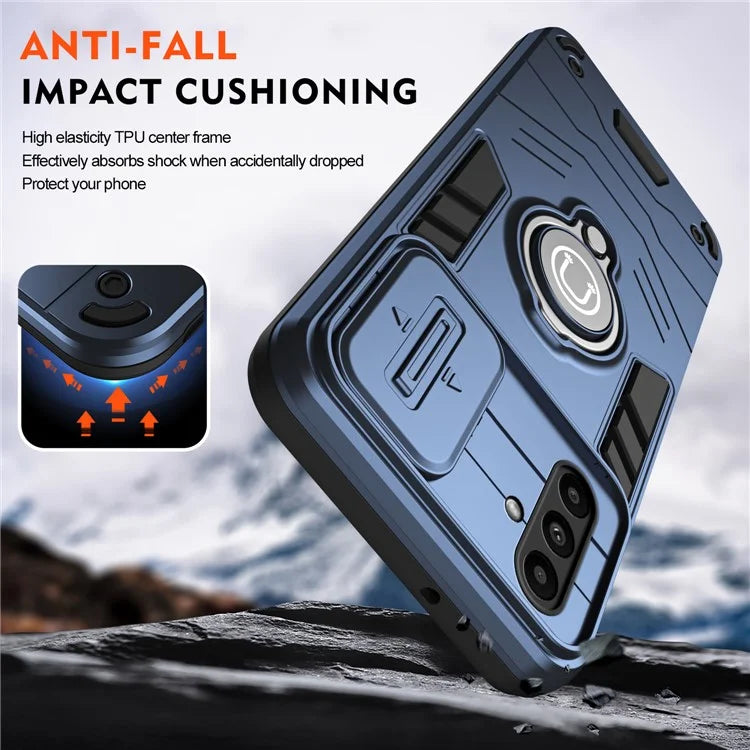 For Samsung Galaxy A14 5G / 4G Case PC+TPU Ring Kickstand Phone Cover with Slide Lens Lid