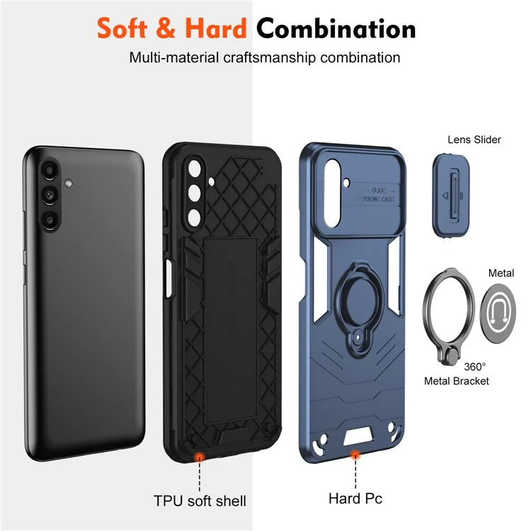 For Samsung Galaxy A14 5G / 4G Case PC+TPU Ring Kickstand Phone Cover with Slide Lens Lid