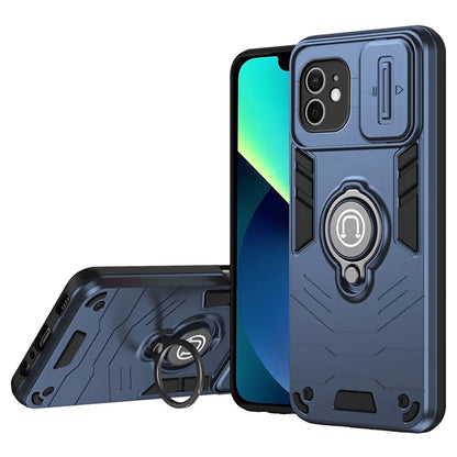 For iPhone 12 Case PC+TPU Phone Protector with Kickstand and Slide Lens Cover