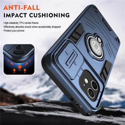 For iPhone 12 Case PC+TPU Phone Protector with Kickstand and Slide Lens Cover
