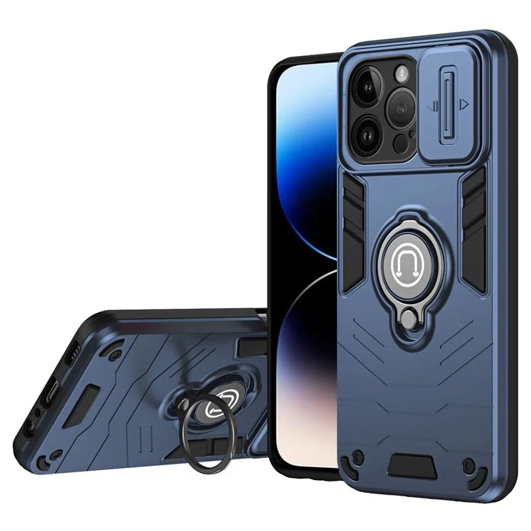 For iPhone 14 Pro Max Case Kickstand PC+TPU Hybrid Phone Cover with Slide Lens Shield