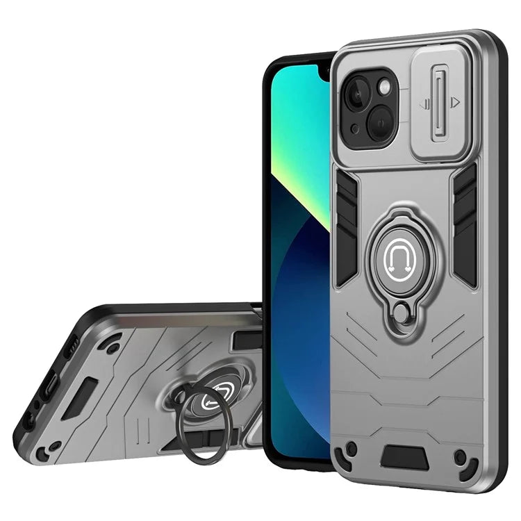 For iPhone 13 Kickstand Case PC+TPU Phone Protector with Slide Lens Cover