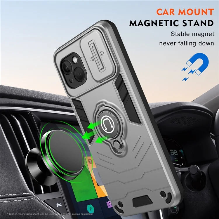 For iPhone 13 Kickstand Case PC+TPU Phone Protector with Slide Lens Cover