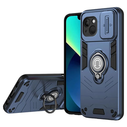 For iPhone 13 Kickstand Case PC+TPU Phone Protector with Slide Lens Cover
