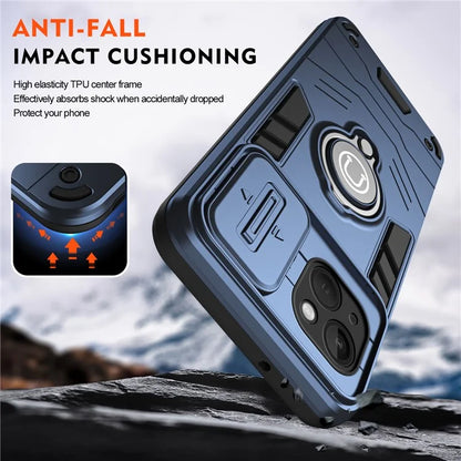 For iPhone 13 Kickstand Case PC+TPU Phone Protector with Slide Lens Cover