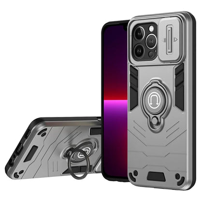 For iPhone 13 Pro Max Kickstand Case PC+TPU Phone Shell with Slide Lens Cover