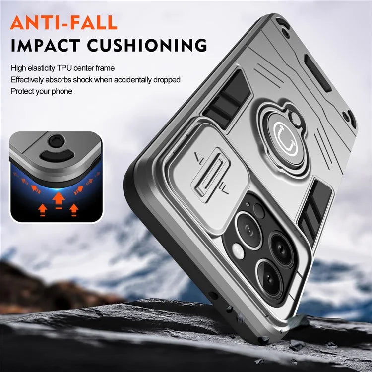 For iPhone 13 Pro Max Kickstand Case PC+TPU Phone Shell with Slide Lens Cover