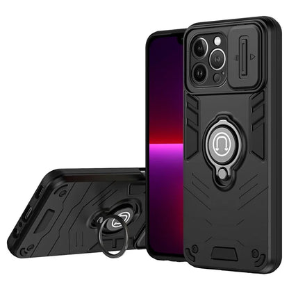 For iPhone 13 Pro Max Kickstand Case PC+TPU Phone Shell with Slide Lens Cover