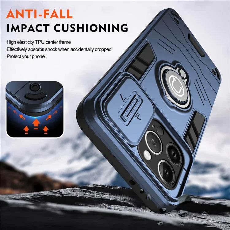 For iPhone 13 Pro Max Kickstand Case PC+TPU Phone Shell with Slide Lens Cover