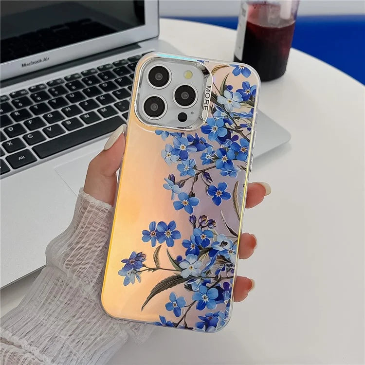 For iPhone 15 Pro Max Case Flower Pattern Laser Texture Electroplated Phone Back Cover