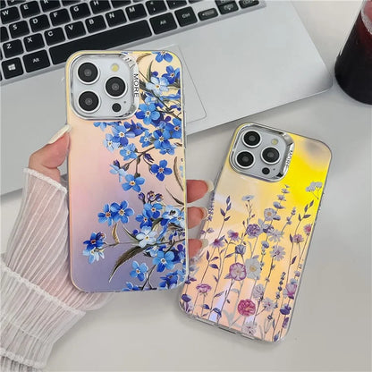 For iPhone 15 Pro Max Case Flower Pattern Laser Texture Electroplated Phone Back Cover