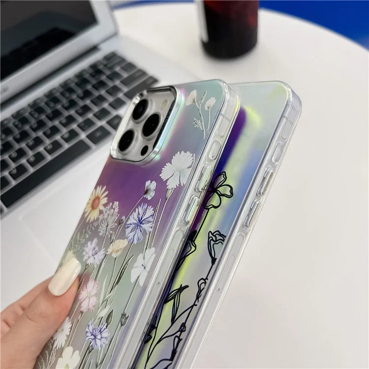 For iPhone 15 Pro Max Case Flower Pattern Laser Texture Electroplated Phone Back Cover