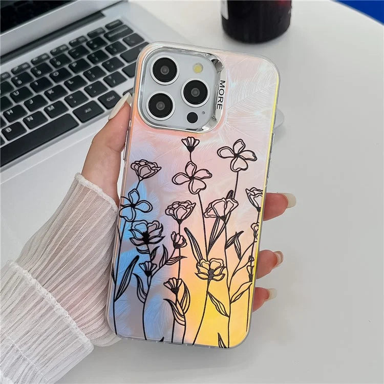 For iPhone 15 Pro Max Case Flower Pattern Laser Texture Electroplated Phone Back Cover