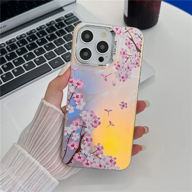 For iPhone 15 Pro Max Case Flower Pattern Laser Texture Electroplated Phone Back Cover