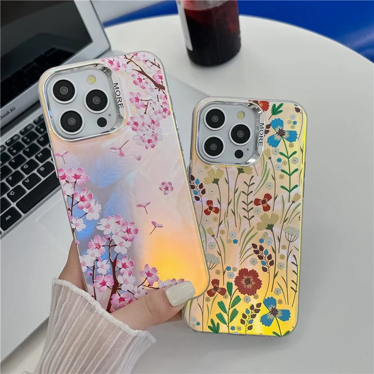 For iPhone 15 Pro Max Case Flower Pattern Laser Texture Electroplated Phone Back Cover