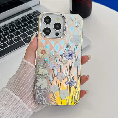 For iPhone 15 Pro Max Case Flower Pattern Laser Texture Electroplated Phone Back Cover