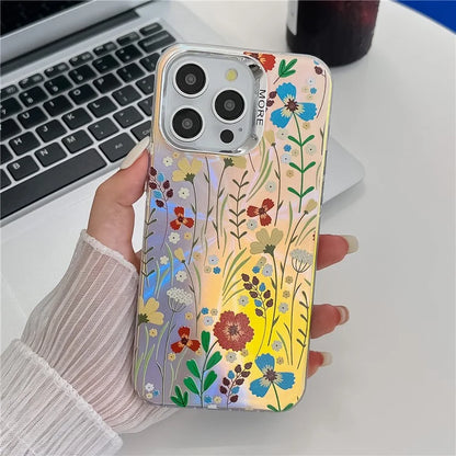For iPhone 15 Pro Max Case Flower Pattern Laser Texture Electroplated Phone Back Cover