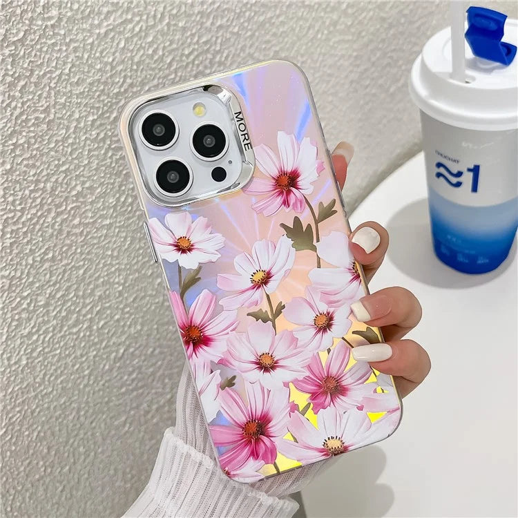 For iPhone 15 Pro Max Case Flower Pattern Laser Texture Electroplated Phone Back Cover
