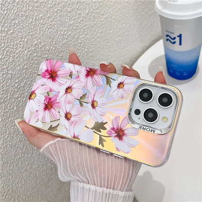 For iPhone 15 Pro Max Case Flower Pattern Laser Texture Electroplated Phone Back Cover