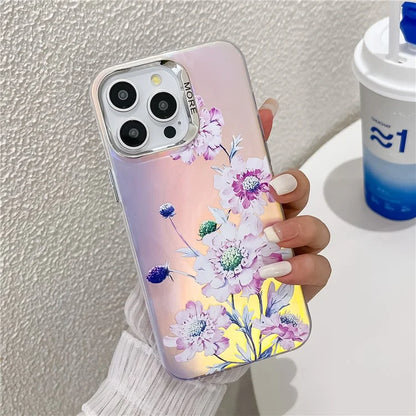 For iPhone 15 Pro Max Case Flower Pattern Laser Texture Electroplated Phone Back Cover