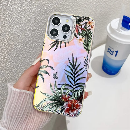For iPhone 15 Pro Max Case Flower Pattern Laser Texture Electroplated Phone Back Cover2