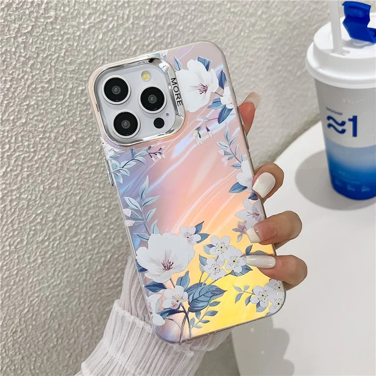 For iPhone 15 Pro Max Case Flower Pattern Laser Texture Electroplated Phone Back Cover0