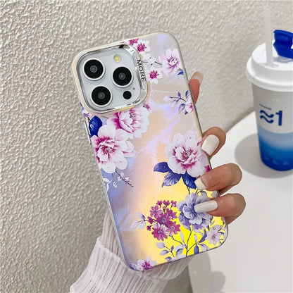 For iPhone 15 Pro Max Case Flower Pattern Laser Texture Electroplated Phone Back Cover1