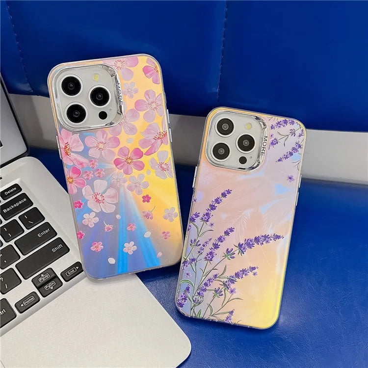 For iPhone 15 Pro Max Case Flower Pattern Laser Texture Electroplated Phone Back Cover4