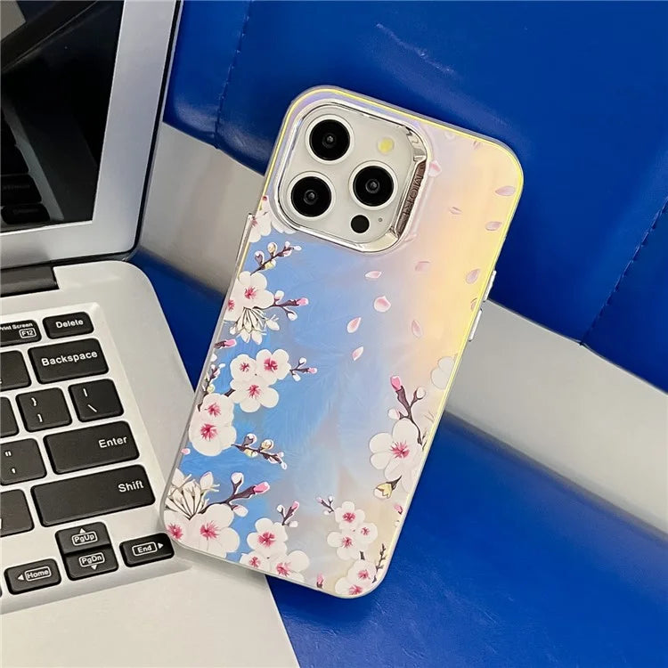 For iPhone 15 Pro Max Case Flower Pattern Laser Texture Electroplated Phone Back Cover8