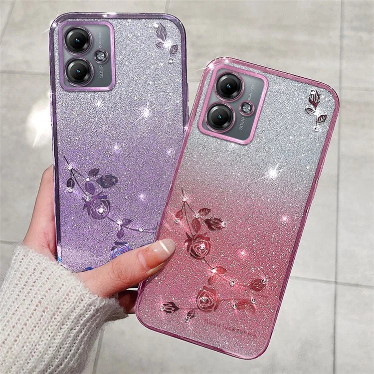 KADEM For Motorola Moto G14 4G TPU Case Rhinestone Decor Flower Glitter Shiny Phone Cover