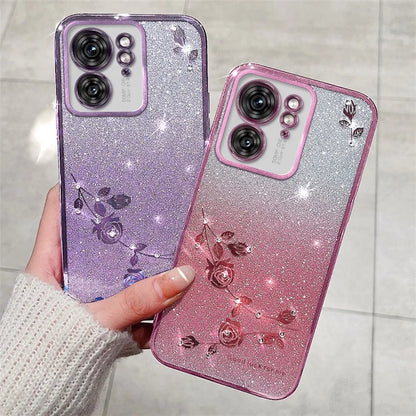 KADEM For Motorola Edge 40 5G Case Rhinestone Decor Glitter TPU Phone Cover Flower Pattern