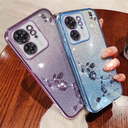 KADEM For Motorola Edge 40 5G Case Rhinestone Decor Glitter TPU Phone Cover Flower Pattern