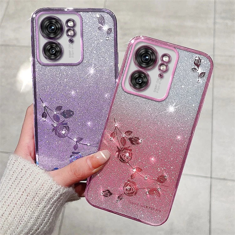 KADEM For Motorola Edge 40 5G Case Rhinestone Decor Glitter TPU Phone Cover Flower Pattern