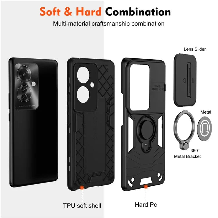 Ring Holder Kickstand Phone Shell for Oppo Reno11 F 5G / F25 Pro 5G Case Slide Lens Lid Phone Cover