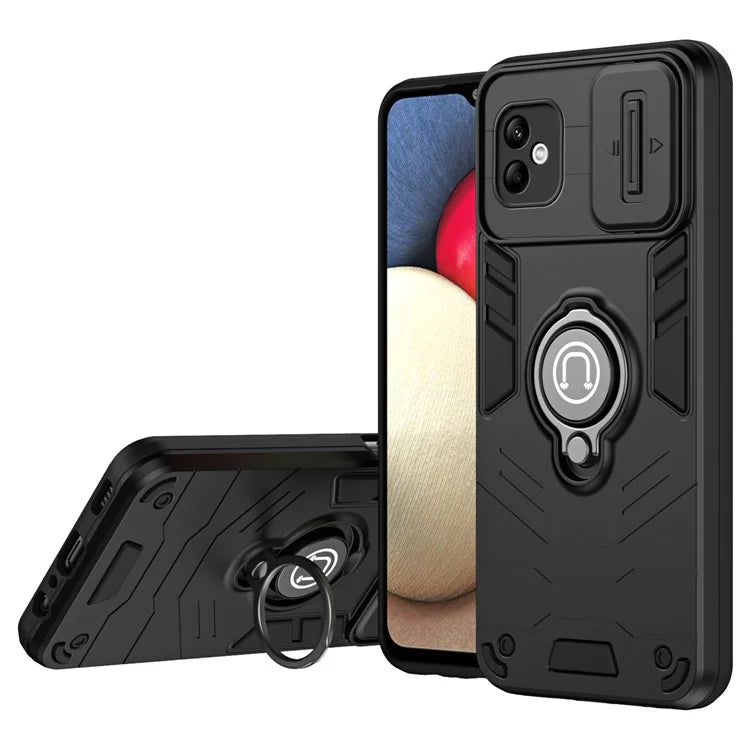 For Samsung Galaxy A05 4G Case Slide Camera Lid PC+TPU Phone Cover with Ring Kickstand