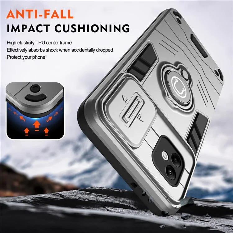 For Samsung Galaxy A05 4G Case Slide Camera Lid PC+TPU Phone Cover with Ring Kickstand