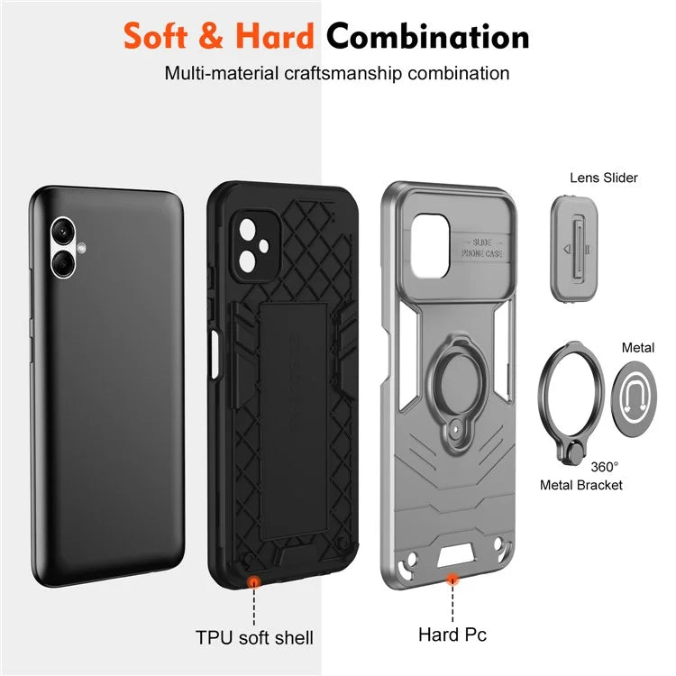 For Samsung Galaxy A05 4G Case Slide Camera Lid PC+TPU Phone Cover with Ring Kickstand