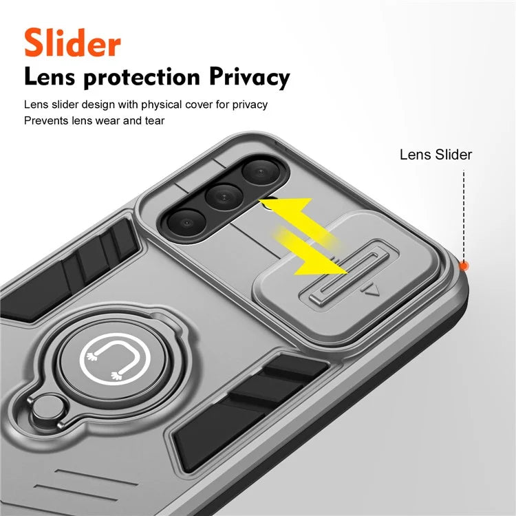 For Samsung Galaxy M54 5G / F54 5G Case Ring Kickstand PC+TPU Phone Cover with Slide Lens Guard