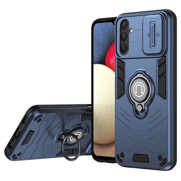 For Samsung Galaxy M54 5G / F54 5G Case Ring Kickstand PC+TPU Phone Cover with Slide Lens Guard