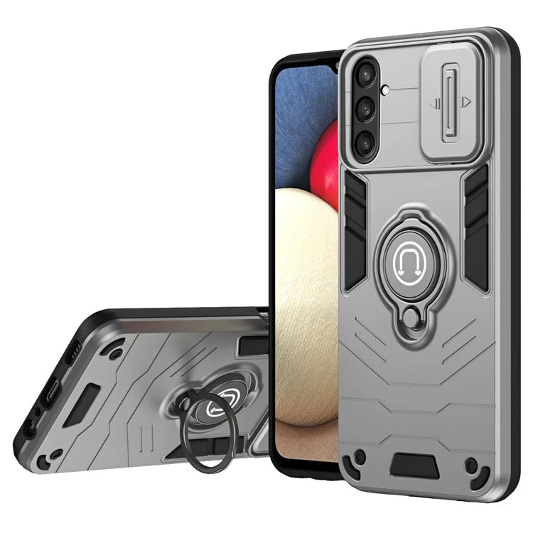 For Samsung Galaxy S23 FE Case Slide Camera Lid PC+TPU Ring Kickstand Phone Cover