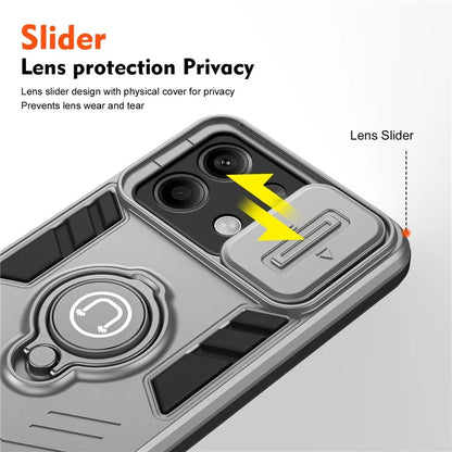 For Xiaomi Redmi Note 13 5G Wholesale Phone Cases with Slide Lens Cover + Ring Holder Kickstand