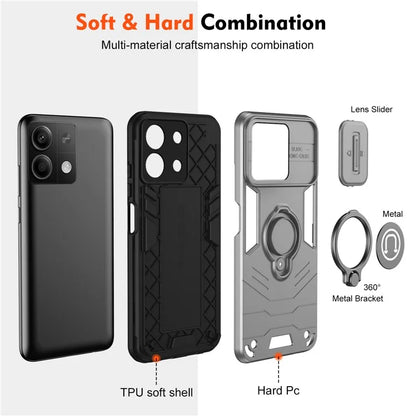 For Xiaomi Redmi Note 13 5G Wholesale Phone Cases with Slide Lens Cover + Ring Holder Kickstand