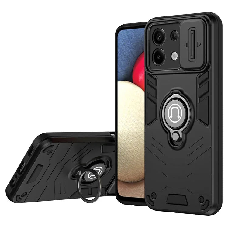 For Xiaomi Redmi Note 13 Pro 5G / Poco X6 5G Case Slide Camera Lid PC+TPU Ring Kickstand Phone Cover