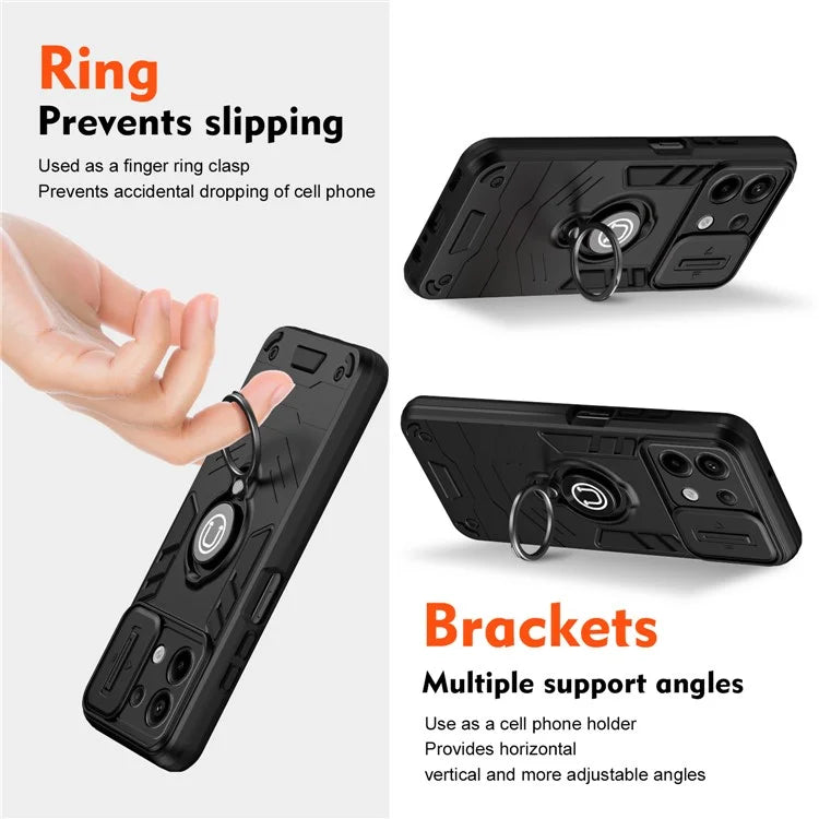 For Xiaomi Redmi Note 13 Pro 5G / Poco X6 5G Case Slide Camera Lid PC+TPU Ring Kickstand Phone Cover