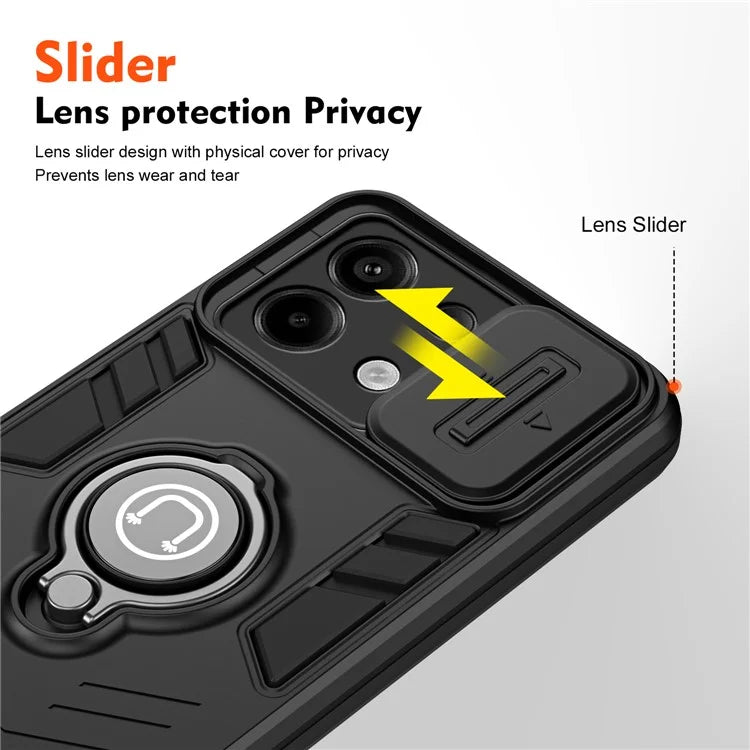 For Xiaomi Redmi Note 13 Pro 5G / Poco X6 5G Case Slide Camera Lid PC+TPU Ring Kickstand Phone Cover